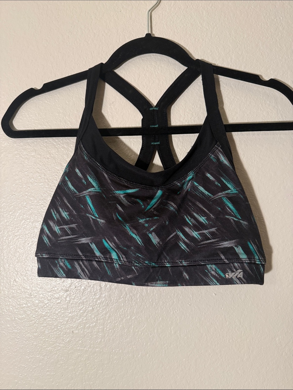 Avia Black Sports Bra with Teal & Gray Brush Pattern